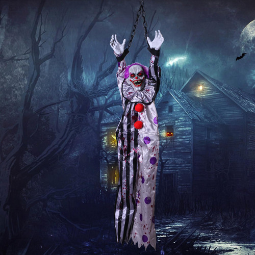 63'' Halloween Hanging Decoration Animated Laughing Evil Clown with LED Flashing Eyes Haunted House Party Props Halloween Outdoor Indoor Decor