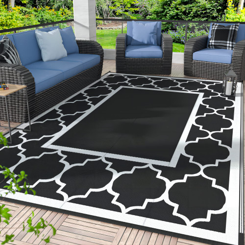 GENIMO 6'x9' Outdoor Rug for Patio, Reversible Plastic Waterproof RV Rugs, Clearance Large Mat, Porch, Camping, Picnic, Deck, Camper, Balcony, Black & White