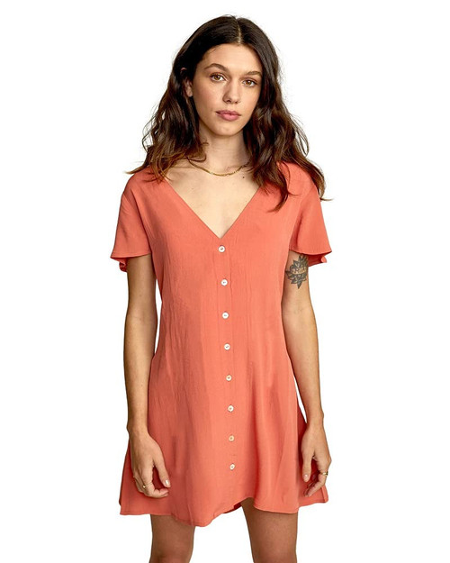 RVCA Women's Woven Short Sleeve, Avery Dress/Peach, X-Large