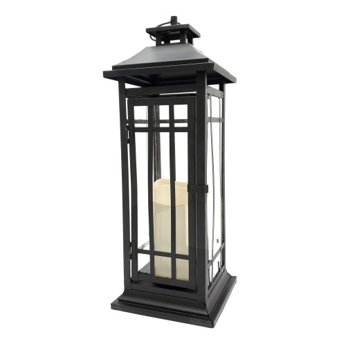 LumaBase Battery Operated Metal Lantern with LED Candle - 17" Black Window
