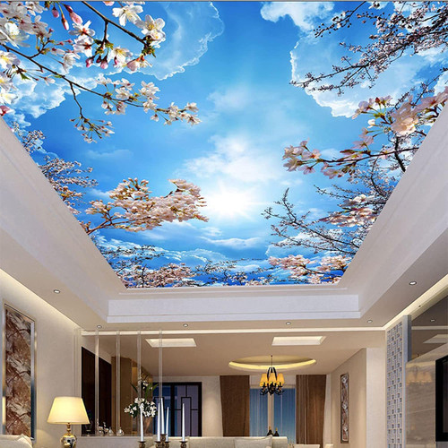 TOKMOCO Custom 3D Ceiling Wall Mural Blue Sky White Cloud Pink Cherry Blossom Ceiling Mural Living Room Children's Room Bedroom Wallpaper