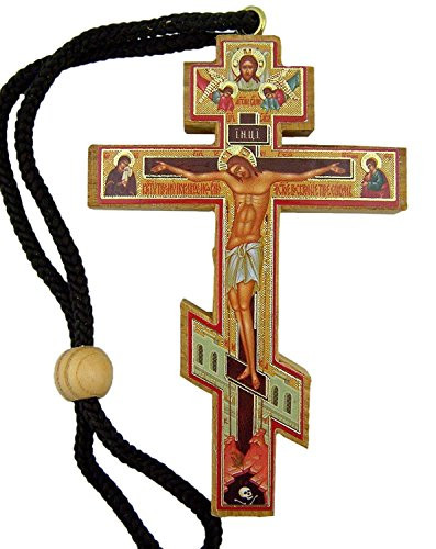 Authentic Russian Orthodox Cross Wood Crucifix with Slavic Prayer Icon on Rope Cord