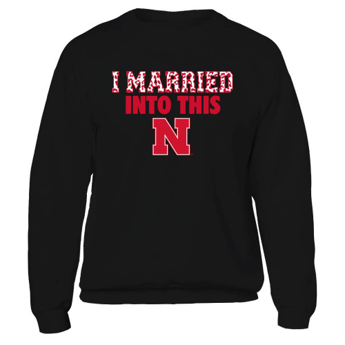 FanPrint Nebraska Cornhuskers Sweatshirt - I Married Into This - Leopard Pattern - Crewneck Sweatshirt/Black/XL