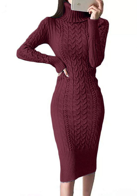 Fangetey Womens Long Sleeve Turtleneck Sweater Dresses Knitted Bodycon Midi Sheath Jumper Dresses Purple Red