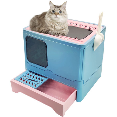 Hamiledyi Cat Litter Box with Lid Foldable Kitty Toilet Top Entry Enclosed Cat Potty Anti-Splashing Covered Drawer Type Pet Litter Pan with Cats Litter Scoop (Blue)