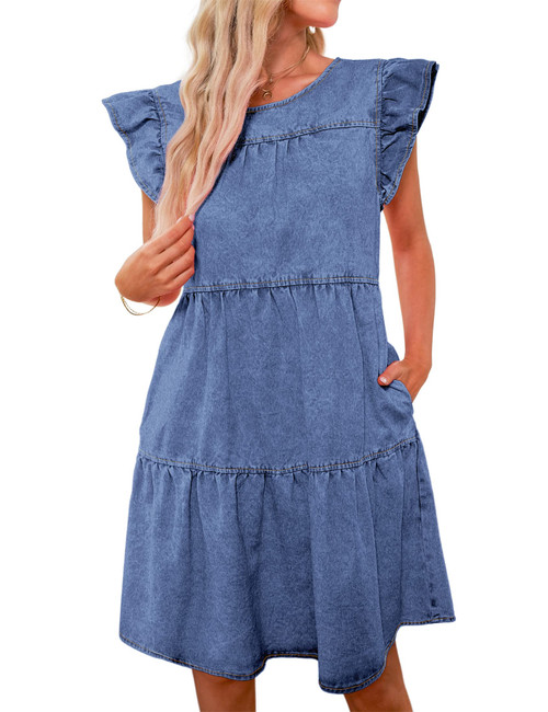 luvamia Ruffle Sleeve Babydoll Dress For Women With Pockets Jean Dresses For Women Denim Short Dress For Women Western Dresses Jean Dresses For Women Denim Bay Blue Size X-Large Fits Size 16 / Size 18