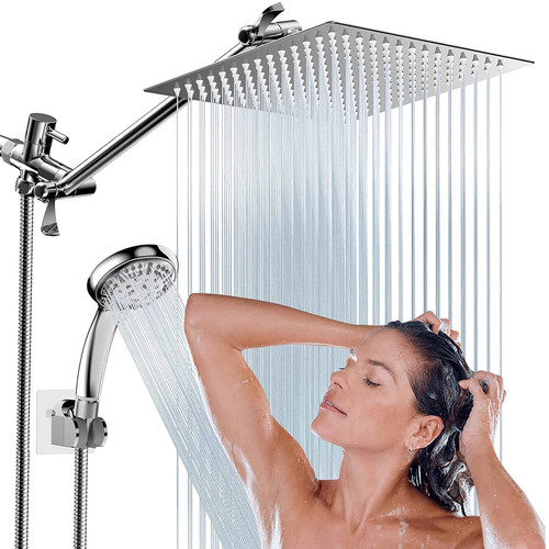 Shower Head, 8" High Pressure Rainfall Shower Head with 11" Adjustable Extension Arm and 9 Settings Handheld Showerhead Combo with Holder, Retractable 59" Hose, Flow Regulator, Chrome