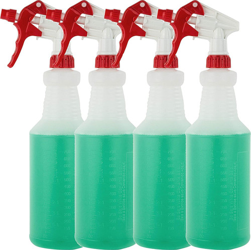 Decony 8 Pack Empty Spray Bottles for Cleaning Solutions- Heavy Duty Spray Bottle with Measurements and Adjustable Nozzle (Mist & Stream Mode) - 32 Oz. Multipurpose Clear Plastic Spray Bottles