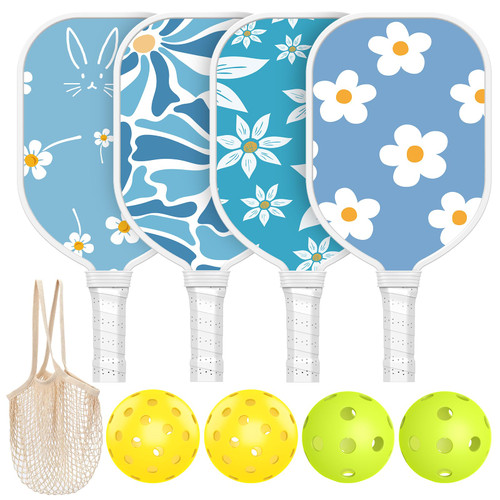 Pickleball Paddles Set of 4, Blue Pickleball Set with 4 Premium Wood Pickleball Paddles 4 Balls and 1 Carry Bag Pickleball Rackets with Ergonomic Cushion Grip for Beginner & Intermediate Gifts for All