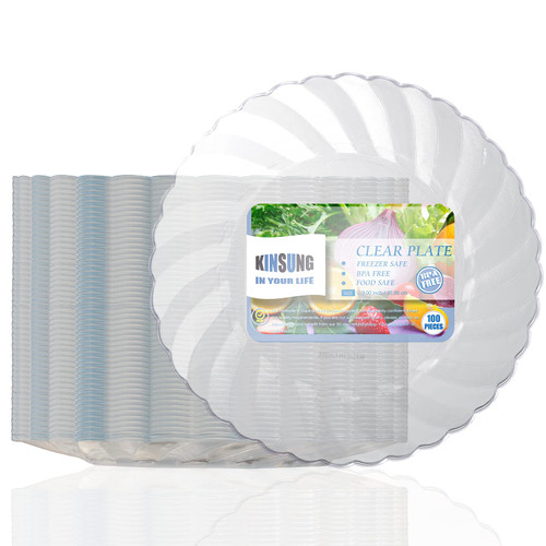 KINSUNG 9 Inch Clear Plastic Plates - 100pcs x 9 Inch Premium Dinner Round Plastic Plates Disposable, for Birthdays, Celebrations, Buffets, Fiestas, Catering, Valentines