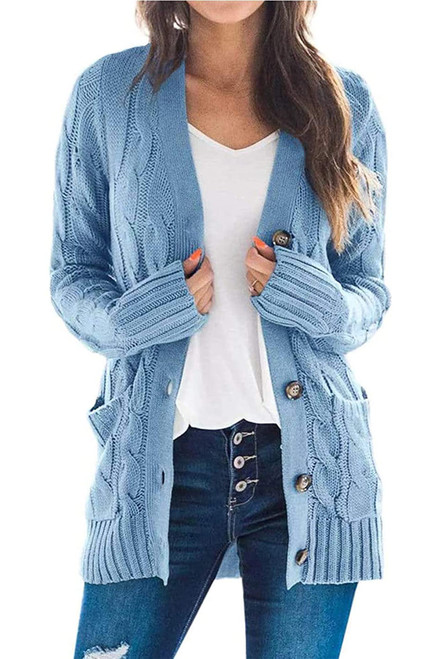 PRETTYGARDEN Women's Open Front Cardigan Sweaters Fashion Button Down Cable Knit Chunky Outwear Coats (Blue,X-Large)