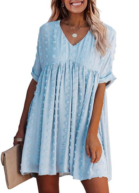 KIRUNDO Women's Casual V Neck Short Sleeve Swiss Dot Ruffle Loose Flowy Mini Babydoll Dress Blue