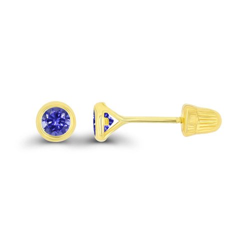 Solid 14K Yellow Gold 3mm Round Genuine Tanzanite Birthstone Bezel Screw Back Stud Earrings