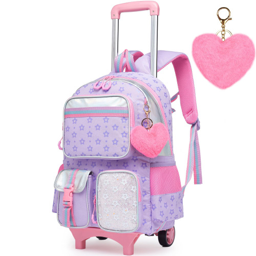 Meetbelify Rolling Backpack for Girls Aesthetic Backpack with Wheels for Kids Cute Kawaii Carry on Backpack for Elementary Student Teen Girls Luggage Travel Suitcase for Girls 8-10