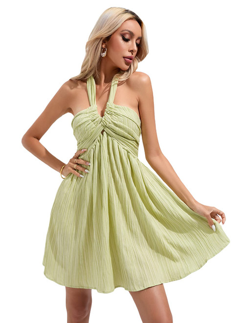 WDIRARA Women's Halter Tie Backless Smocked A Line Flowy Summer Vacation Mini Dress Lime Green L