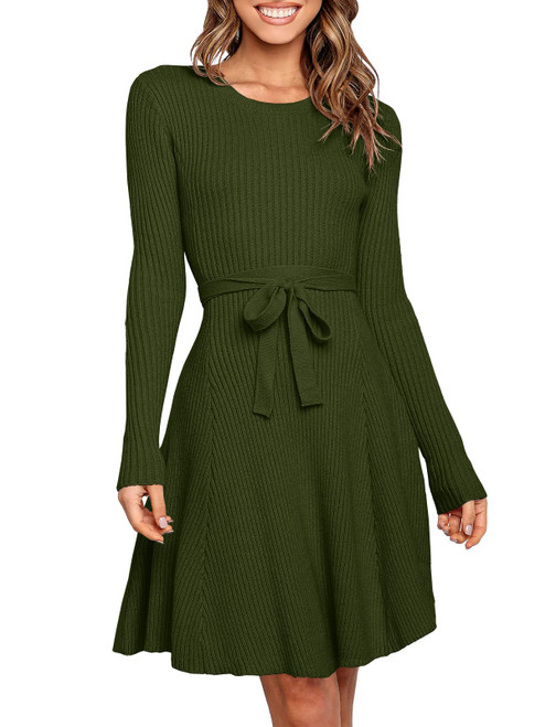 ANRABESS Womens Sweater Dress Long Sleeve A Line Crewneck Slim Fit Tie Waist Casual 2023 Fall Fashion Outfits Clothes Midi Swing Bodycon Ribbed Knit Mini Short Dress with Belt 669junlv-S Army Green