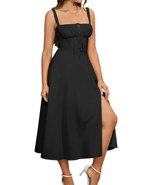 Wedding Guest Dresses for Women Midi Corset Lace Up A Line Dress Solid Flowy Slit Going Out Sundress for Tea Party