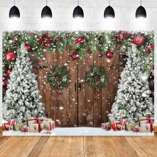 Wollmix Christmas Backdrops for Photography, Winter Rustic Barn Wood Door Photo Background Xmas Eve Tree Snow Banner Family Holiday Party Decoration Supplies Portraits Photo Booth Studio Props 10x7ft