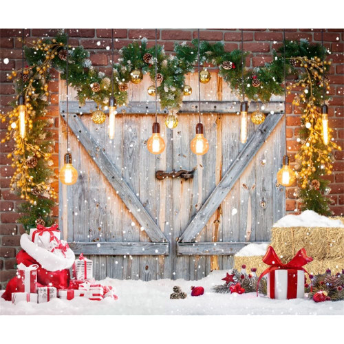 10x8ft Christmas Barn Door Theme Backdrop Xmas Trees Winter Wood Door Snow Photo Backdrop Christmas Scenery Gifts Decoration Backdrop Xmas Holiday Photo Props Booth Portrait Party Banner Decor