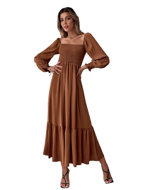 WDIRARA Women's Square Neck Flounce Shirred Ruffle Hem Elegant Long Sleeve Maxi Dress Brown L