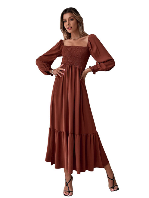 WDIRARA Women's Square Neck Flounce Shirred Ruffle Hem Elegant Long Sleeve Maxi Dress Rust Brown M