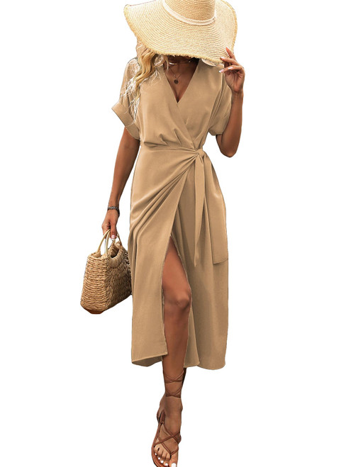 Verdusa Women's Short Sleeve Deep V Neck Tie Side Wrap Split Long Dress Khaki M