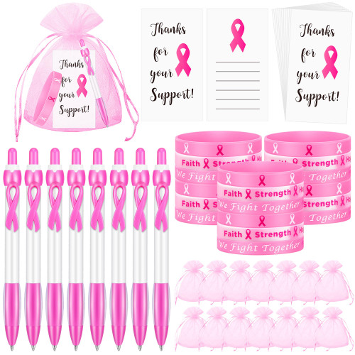 Yeaqee 400 pcs Breast Cancer Awareness Accessories 100 Breast Cancer Awareness Pens 100 Silicone Pink Ribbon Bracelets 100 Breast Cancer Thank You Cards 100 Organza Bags for Event Fundraiser Charity