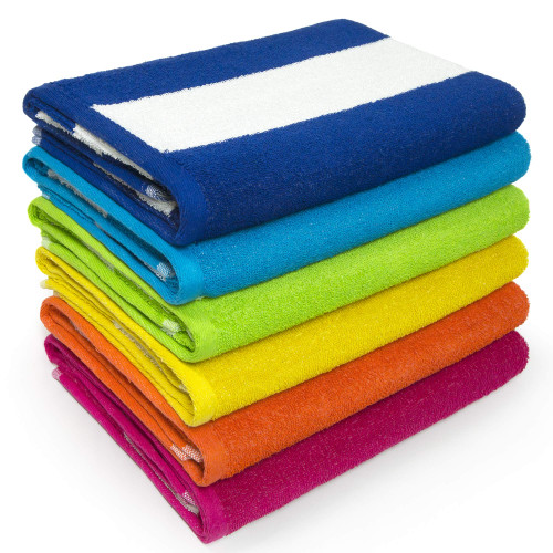 Cabana Beach and Pool Towel 6 Pack - 30in x 60in - Soft and Absorbent Eco-Friendly Terry Loop (Royal, Turquoise, Green, Yellow, Orange and Pink, 06 Pack)