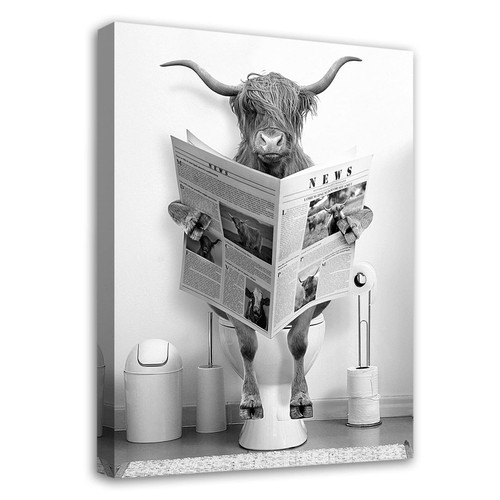 Funny Highland Cow Bathroom Canvas Wall Art Black and White Fun Picture Farmhouse Bathroom Wall Decoration Cow Sitting on Toilet Reading Newspaper Bathroom Artwork Cow Art Ready to Hang 20" x 28" Funny Highland Cow Bathroom Canvas Wall Art Black and White Fun Picture Farmhouse Bathroom Wall Decoration Cow Sitting on Toilet Reading Newspaper Bathroom Artwork Cow Art Ready to Hang 20" x 28"