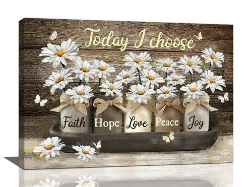 Daisy Canvas Wall Art Country White Daisies Butterfly Flowers Wall Decor Quotes Today I Choose Faith Hope Love Peace Joy Pictures Painting Prints Floral Framed Artwork Decor for Bathroom Bedroom 16"x24"
