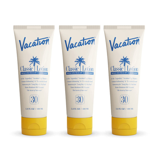 Vacation Classic Sunscreen Lotion SPF 30 3-Pack, Water Resistant Broad Spectrum Sunscreen Sun Block, Vegan Sun Tanning Lotion, Body Lotion with SPF, Travel Size Sunscreen, 3.4 fl. Oz. (Pack of 3) Vacation Classic Sunscreen Lotion SPF 30 3-Pack, Water Resistant Broad Spectrum Sunscreen Sun Block, Vegan Sun Tanning Lotion, Body Lotion with SPF, Travel Size Sunscreen, 3.4 fl. Oz. (Pack of 3)