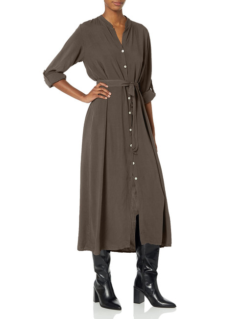 M Made in Italy Women's Long-Sleeve Button-Front Belted Casual Dress, Brown, Small