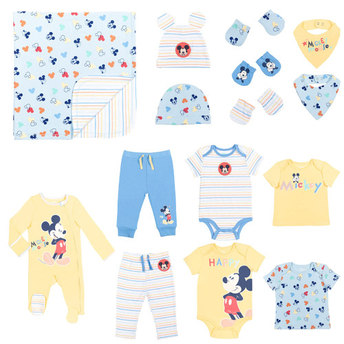 Disney Mickey Mouse Baby Boys Coverall Bodysuits T-Shirts Pants Accessories and Blanket 15 Piece Layette Set 0-6 Months