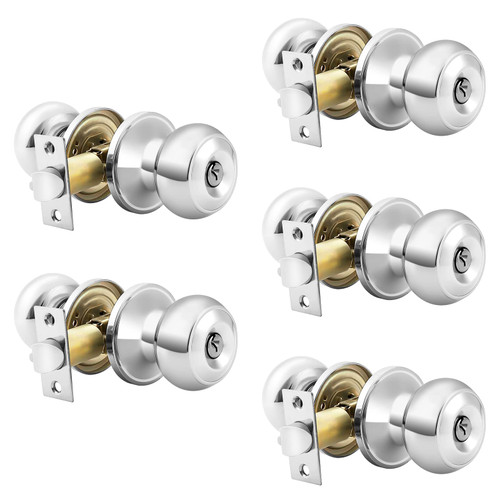 Probrico (5 Pack) Entry Door Lock in Polished Chrome, Keyed Alike Entry Door Lock,Door Knobs for Office or Front Door with Locking,One Keyway Entry Keyed Alike Door Lockset with Same Keys