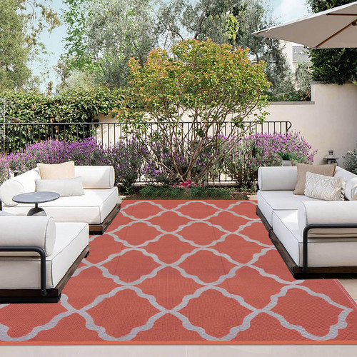 OutdoorLines Outdoor Plastic Area Rug for Patio 5x8 ft - Reversible Outside Carpet, Stain & UV Resistant RV Mats, Straw Rug for Camping, Deck Garden, Porch and Balcony, Moroccan/Terra Red & Light Grey