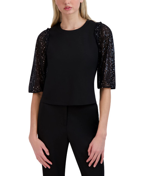BCBGeneration Women's Relaxed Shirred Sequin Short Puff Sleeve Top Crew Neck Ruffle Shoulder Shirt, Black, X-Small