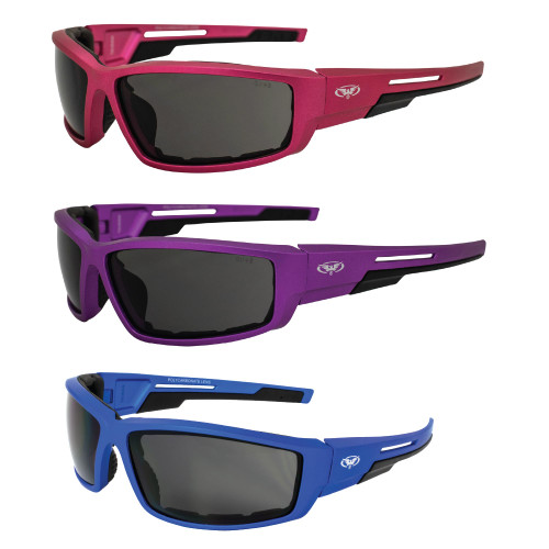 Global Vision Sly Motorcycle Glasses for Women ATV Padded Riding Glasses Sunglasses 3 Pairs with Smoke Lenses and Pink Purple & Blue Metallic Frames Global Vision Sly Motorcycle Glasses for Women ATV Padded Riding Glasses Sunglasses 3 Pairs with Smoke Lenses and Pink Purple & Blue Metallic Frames