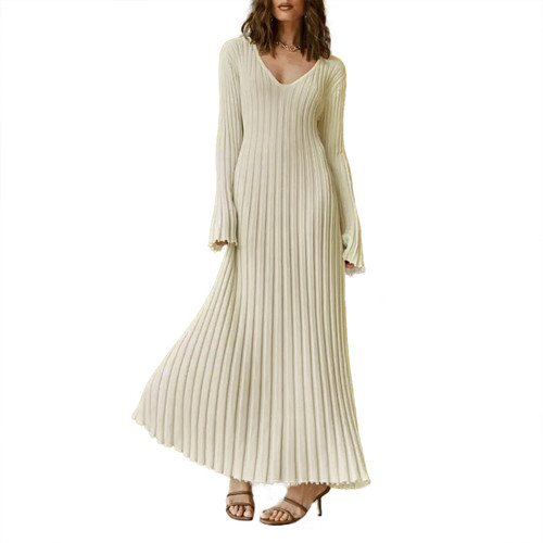 SOOKABEILA Women's Sexy Long Maxi Dress V Neck Backless Slim Fit Pencil Long Dress Bodycon Party Clubwear Dresses (G-Beige V Neck Knit,M)