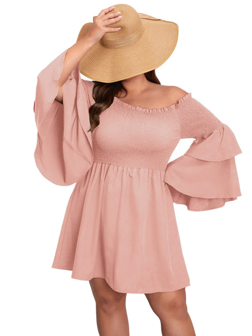 SOLY HUX Women's Plus Size Off Shoulder Long Sleeve Shirred Ruffle A Line Dress Solid Pink 1XL