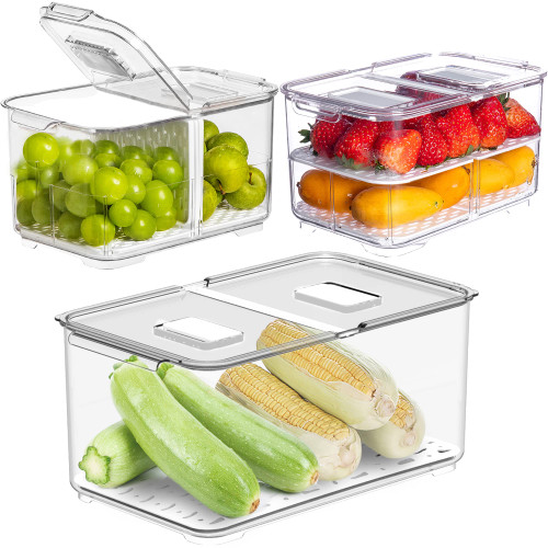 Large Fruit Vegetable Storage Container with Folding Lids,3 Pack Produce Saver with Vents Stackable Fridge Drawers Organizer Salad Lettuce Keeper For Refrigerator,Bpa-Free Fresh Keeper,9L&5.7L&2.8L