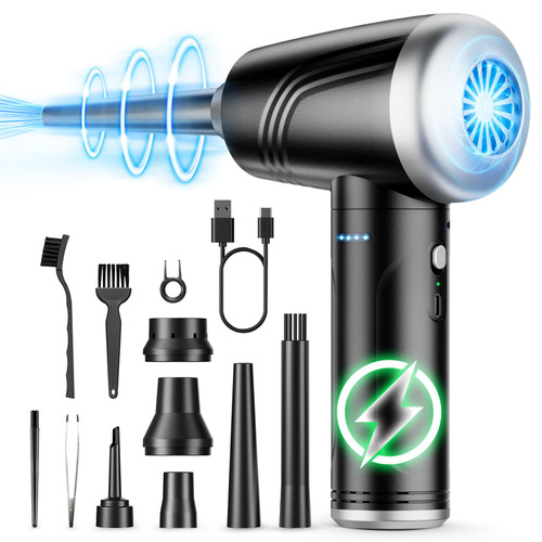 BANKKY 11-in-1 Compressed Air Duster, 3-Gear Adjustable 120000 RPM Electric Air Duster with LED Light, Reusable no Canned Keyboard Cleaner for Office, 9000mAh Cordless Air Duster for Computer/Car