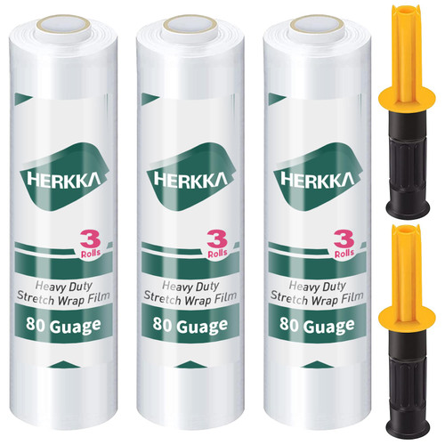 Stretch Film, HERKKA Stretch Wrap with Handles Industrial Strength, Moving Wrapping Plastic Roll, Stretch Wrap for Pallet Wrap, 15" x 1000 Feet, 3 Pack, 80 Gauge