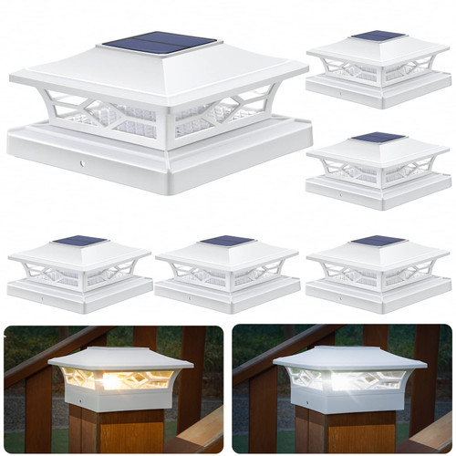APONUO Solar Post Cap Lights,4x4 Post Solar Lights Warm White/Cool White LED Light Outdoor Waterproof,Fence Post Solar Lights for 4x4/6x6 Wood Fence/Deck Post Caps,4x4 Vinyl Post Caps,White,6 Pack APONUO Solar Post Cap Lights,4x4 Post Solar Lights Warm White/Cool White LED Light Outdoor Waterproof,Fence Post Solar Lights for 4x4/6x6 Wood Fence/Deck Post Caps,4x4 Vinyl Post Caps,White,6 Pack