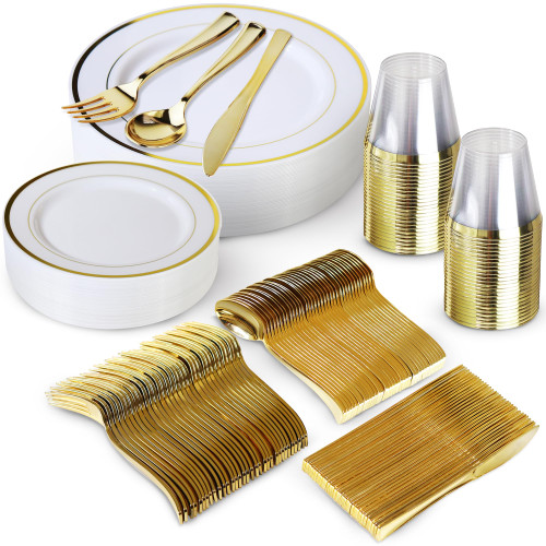 300 Piece Gold Dinnerware Set - 100 White and Gold Plates - Set of 150 Gold Plastic Silverware - 50 Plastic Cups - Disposable Gold Dinnerware Set for Party - 50 Guests 300 Piece Gold Dinnerware Set - 100 White and Gold Plates - Set of 150 Gold Plastic Silverware - 50 Plastic Cups - Disposable Gold Dinnerware Set for Party - 50 Guests