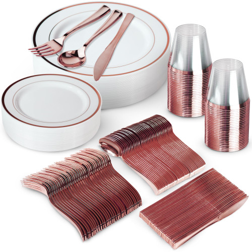 300 Piece Rose Gold Dinnerware Set - 100 White and Rose Gold Plates - Set of 150 Rose Gold Plastic Silverware - 50 Plastic Cups - Disposable Rose Gold Dinnerware Set for Party - 50 Guests
