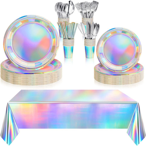 351 Pieces Iridescent Party Supplies Holographic Disposable Party Tableware, Includes Plate Cup Paper Straws Forks Knives Spoons Plastic Tablecloths for Iridescent Theme Birthday Unicorn Wedding Party