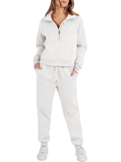 ANRABESS Women 2 Piece Outfits Sweatsuit Set 2023 Fall Trendy Oversized Quarter Half Zip Sweatshirt Sweatpant Jogger Pants Lounge Matching Set Athletic Tracksuit Travel Clothes Set A1127baise-M