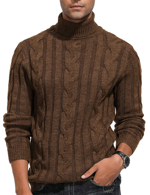 PJ PAUL JONES Men's Fashion Knitted Turtlenecks Slim Fit Twisted Pullover Sweaters Camel 2XL