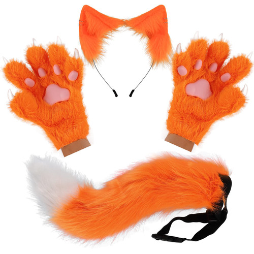 HAOAN Wolf Fox Tail Clip Ears and Gloves Set Halloween Christmas Fancy Party Costume Toys Gift for Women