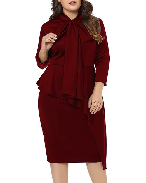 LALAGEN Women's Plus Size Long Sleeve Peplum Tie Neck Bodycon Pencil Midi Dress Wine XXXXL